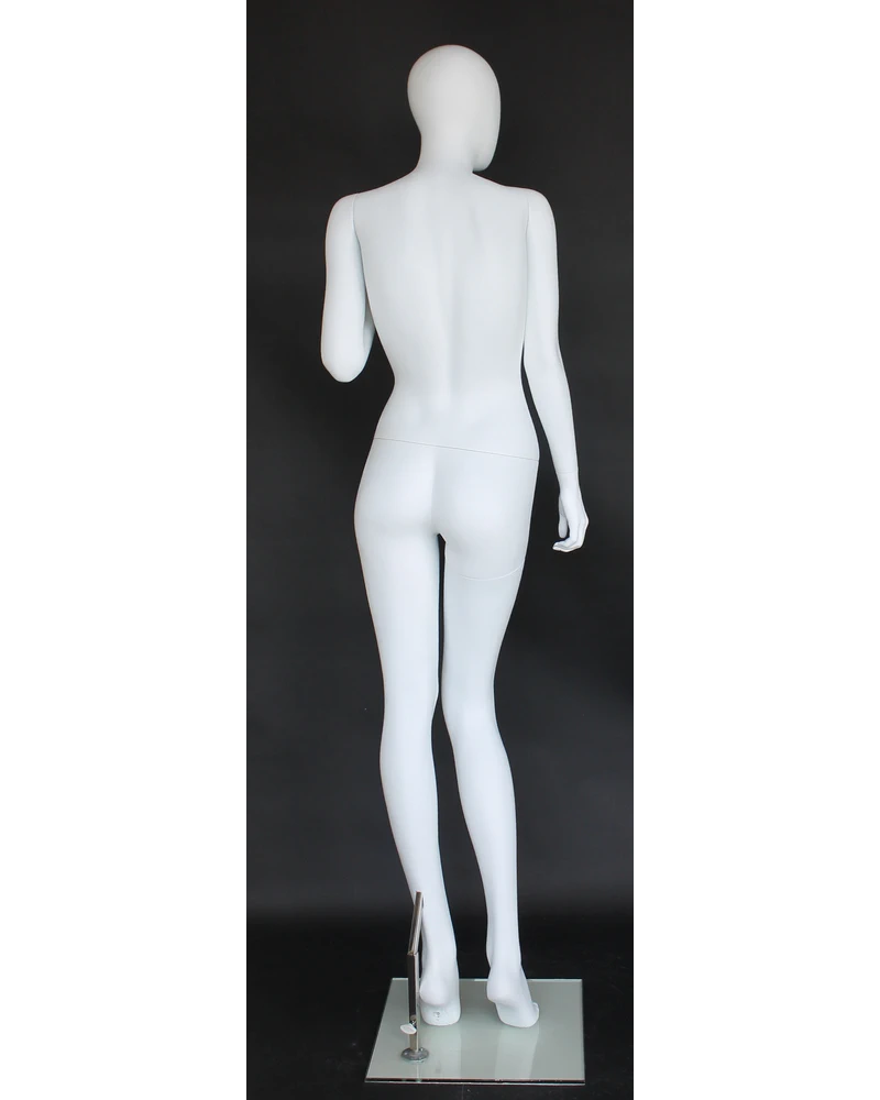 Raised-hand crossed-leg egghead female mannequin in matte white