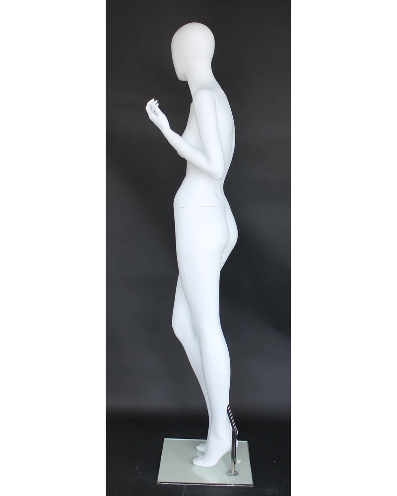 Raised-hand crossed-leg egghead female mannequin in matte white
