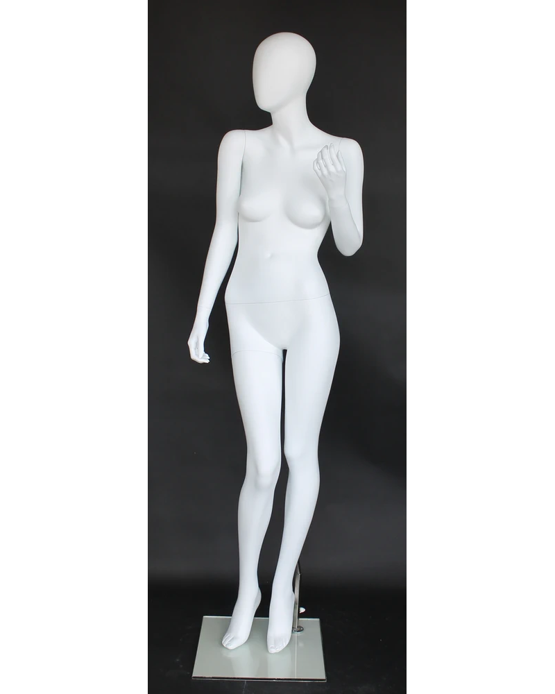 Raised-hand crossed-leg egghead female mannequin in matte white