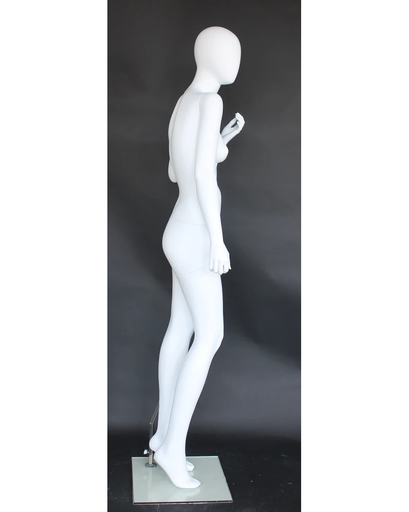 Raised-hand crossed-leg egghead female mannequin in matte white