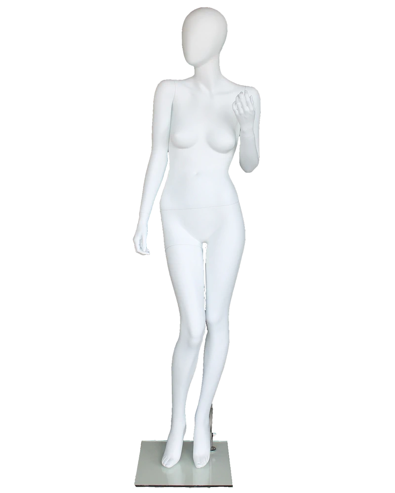 Raised-hand crossed-leg egghead female mannequin in matte white, front view