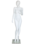 Raised-hand crossed-leg egghead female mannequin in matte white, front view