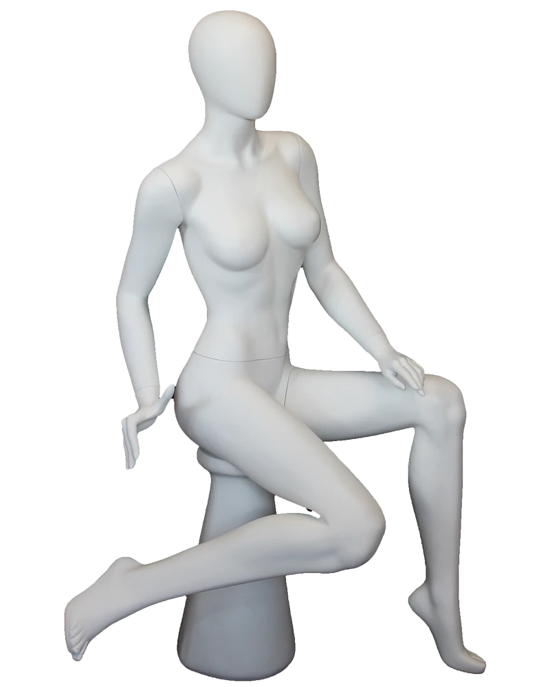 Raised-leg sitting egghead female mannequin in matte white, front view