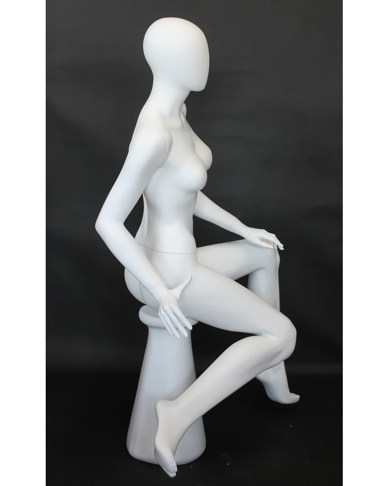 Raised-leg sitting egghead female mannequin in matte white