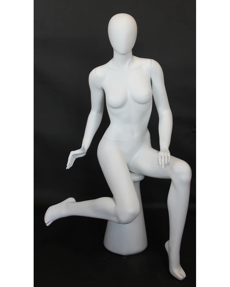Raised-leg sitting egghead female mannequin in matte white