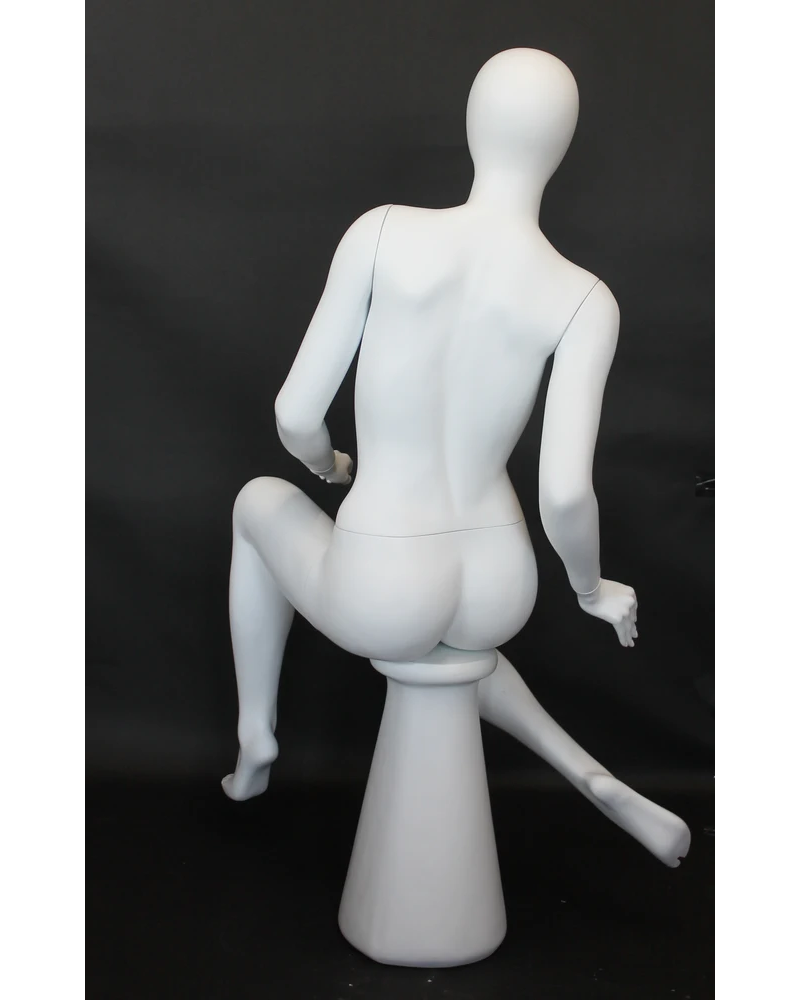 Raised-leg sitting egghead female mannequin in matte white