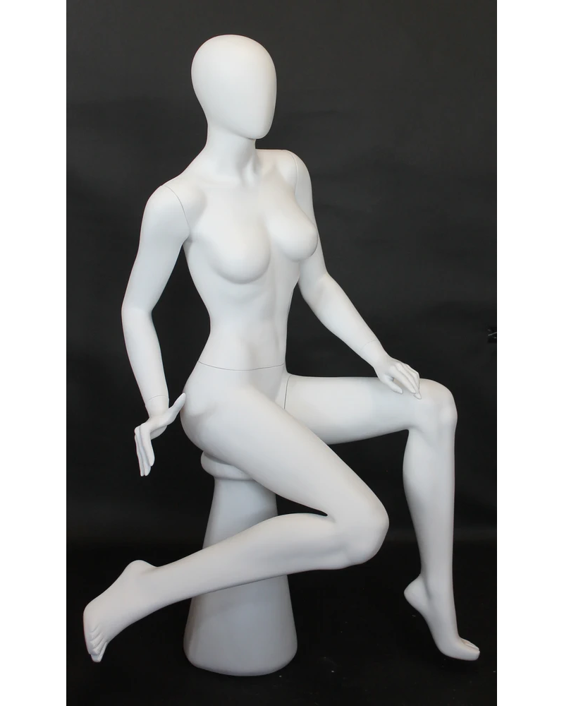 Raised-leg sitting egghead female mannequin in matte white