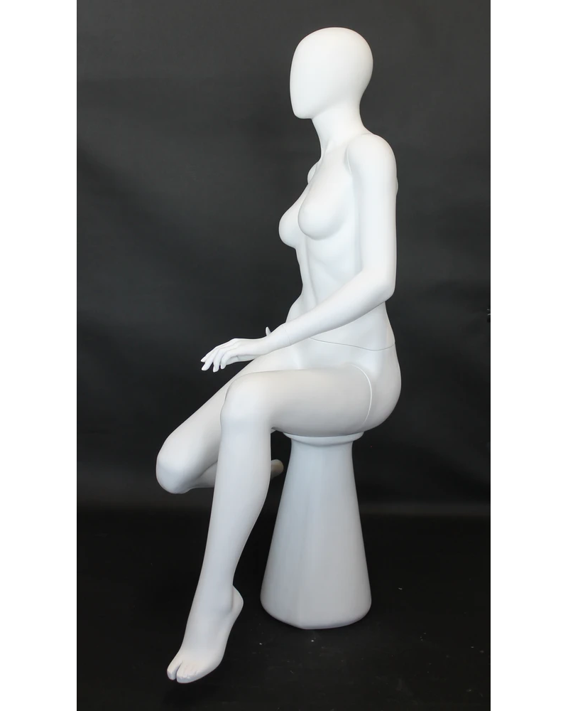 Raised-leg sitting egghead female mannequin in matte white