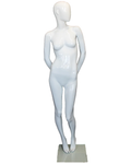 Arms-behind-back abstract female mannequin in glossy white, front view