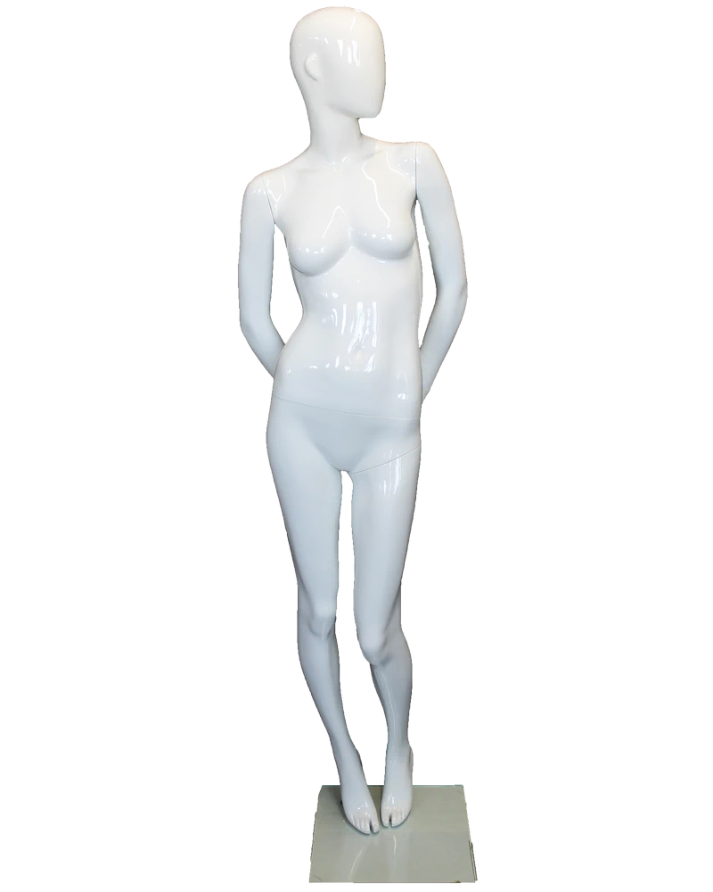 Arms-behind-back abstract female mannequin in glossy white, front view