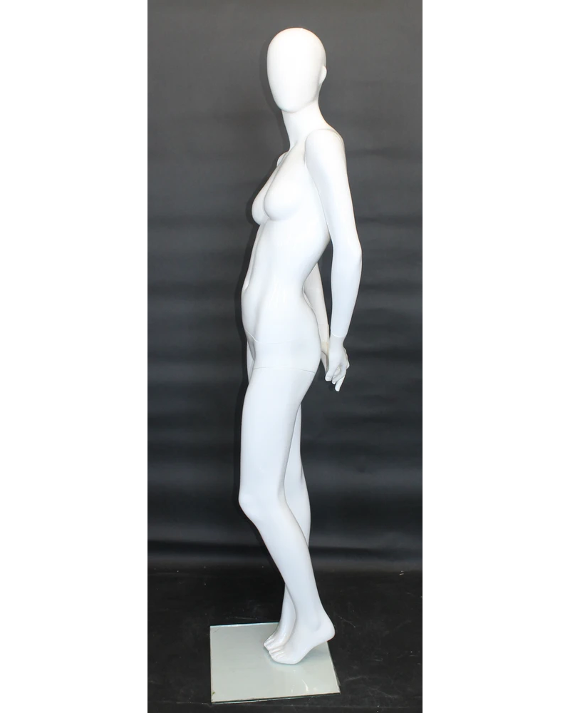 Arms-behind-back abstract female mannequin in glossy white