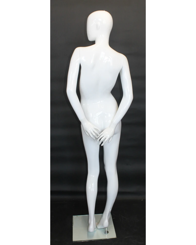 Arms-behind-back abstract female mannequin in glossy white