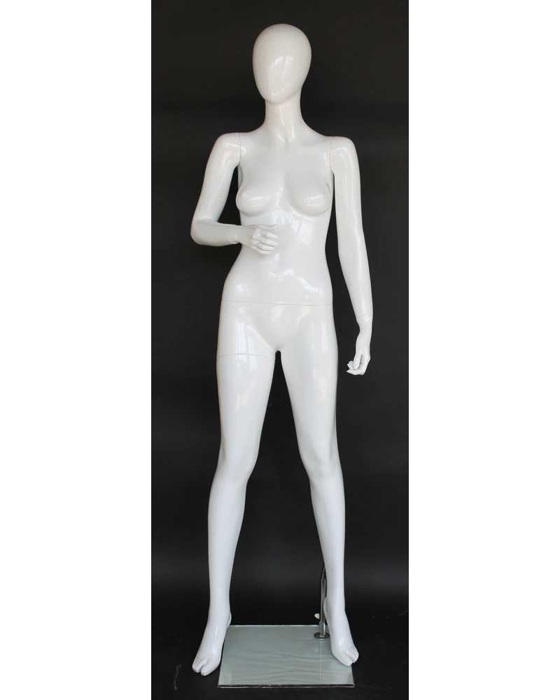 Bent-right-arm egghead female mannequin in glossy white