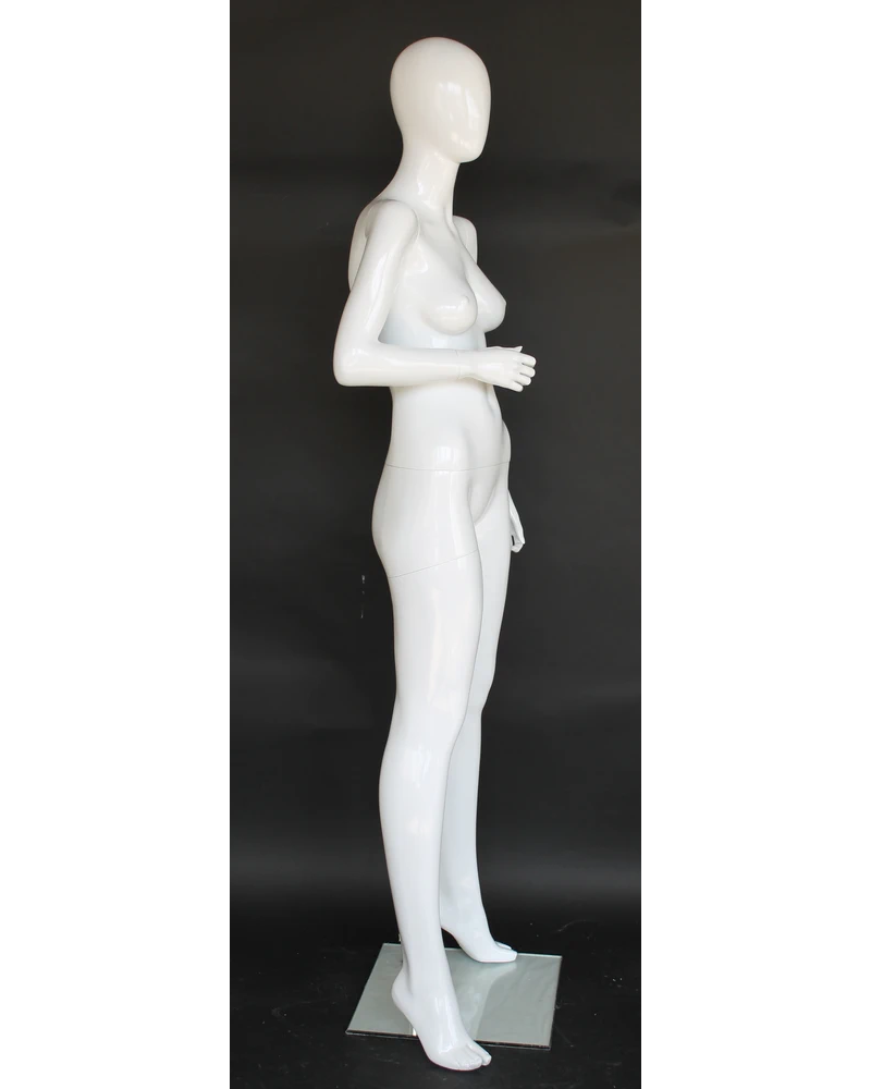 Bent-right-arm egghead female mannequin in glossy white