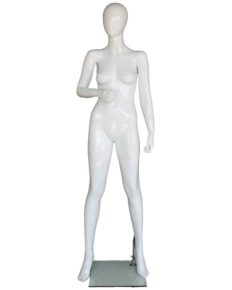 Bent-right-arm egghead female mannequin in glossy white, front view