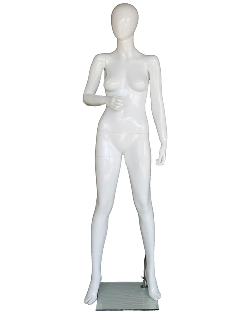 Bent-right-arm egghead female mannequin in glossy white, front view