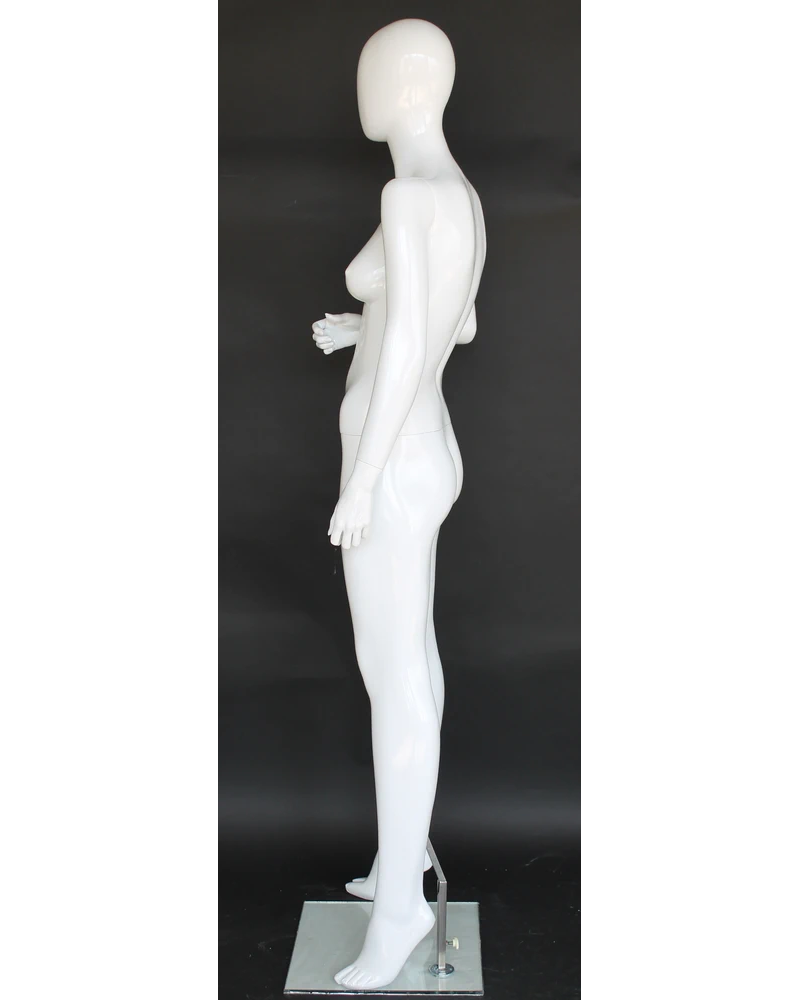Bent-right-arm egghead female mannequin in glossy white