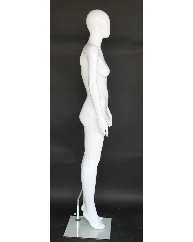Straight-standing egghead female mannequin in glossy white