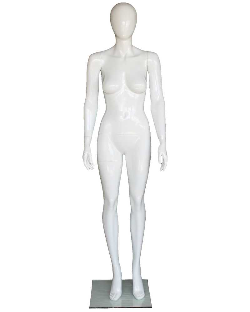 Straight-standing egghead female mannequin in glossy white, front view