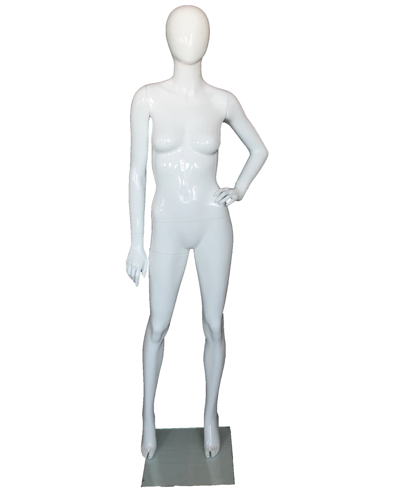 Left-hand-on-hip egghead female mannequin in glossy white, front view
