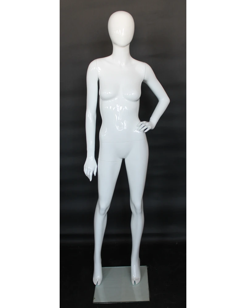 Left-hand-on-hip egghead female mannequin in glossy white