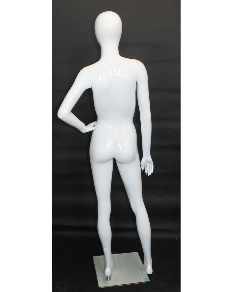 Left-hand-on-hip egghead female mannequin in glossy white