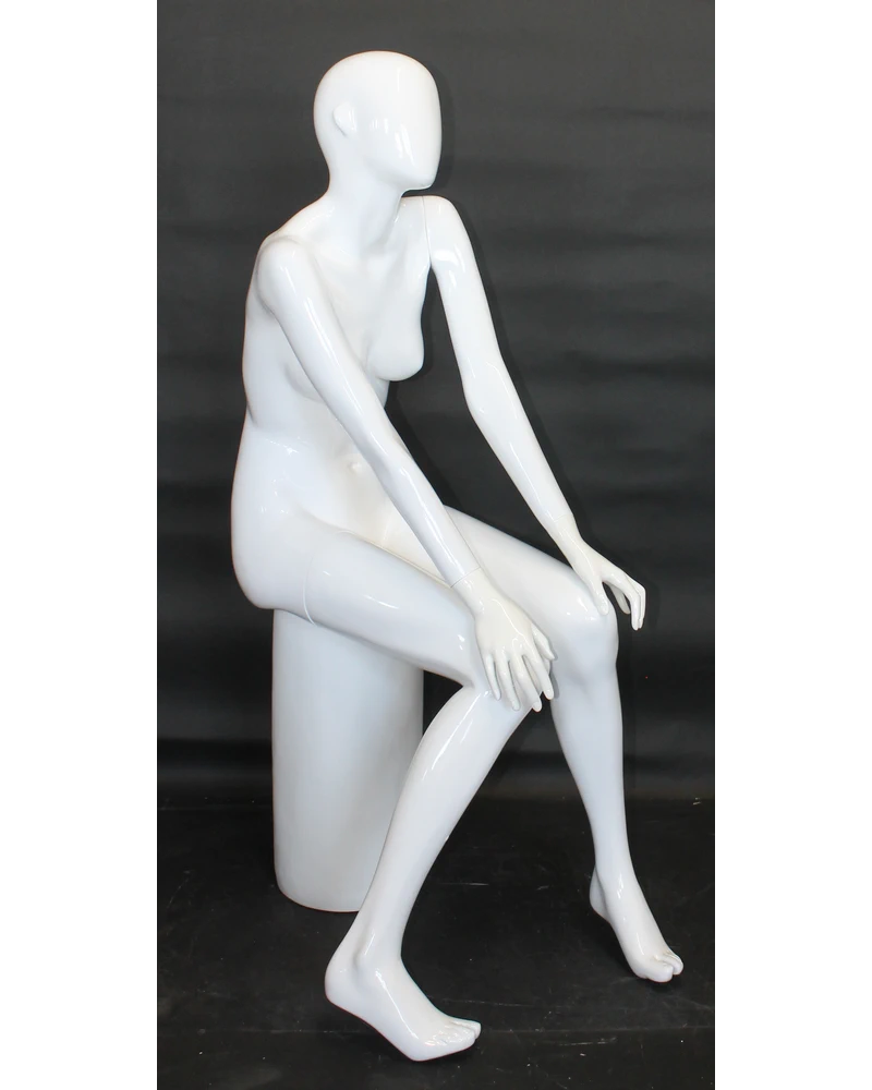 Hands-on-knees sitting abstract female mannequin in glossy white
