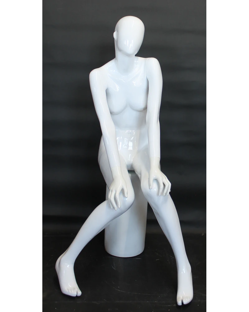 Hands-on-knees sitting abstract female mannequin in glossy white