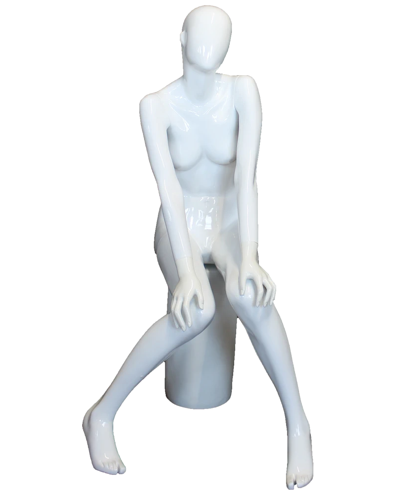 Hands-on-knees sitting abstract female mannequin in glossy white, front view