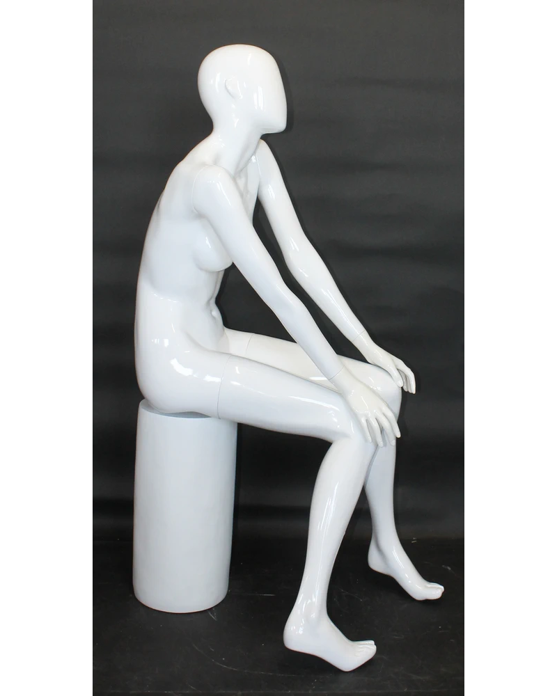 Hands-on-knees sitting abstract female mannequin in glossy white