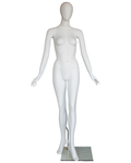 Forward-stride egghead female mannequin in matte white, front view