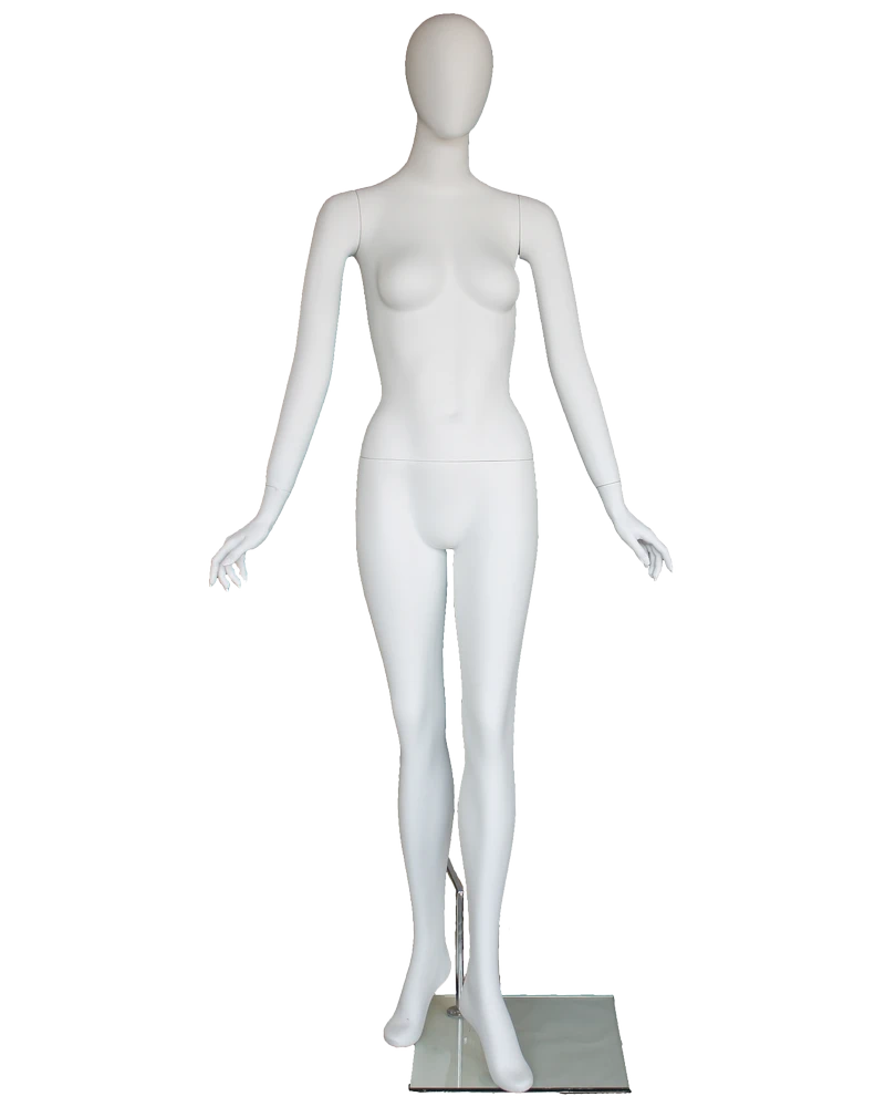Forward-stride egghead female mannequin in matte white, front view
