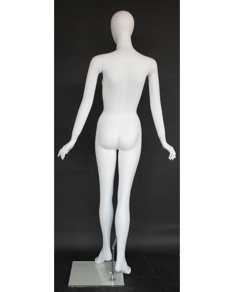 Forward-stride egghead female mannequin in matte white