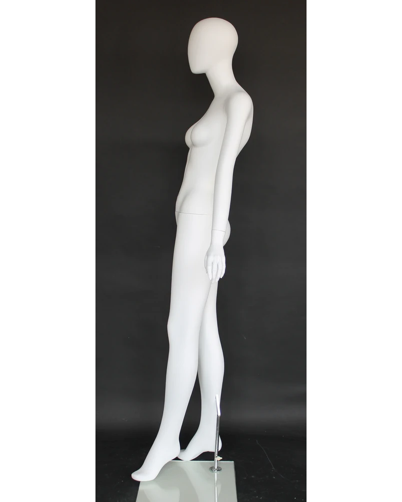 Forward-stride egghead female mannequin in matte white