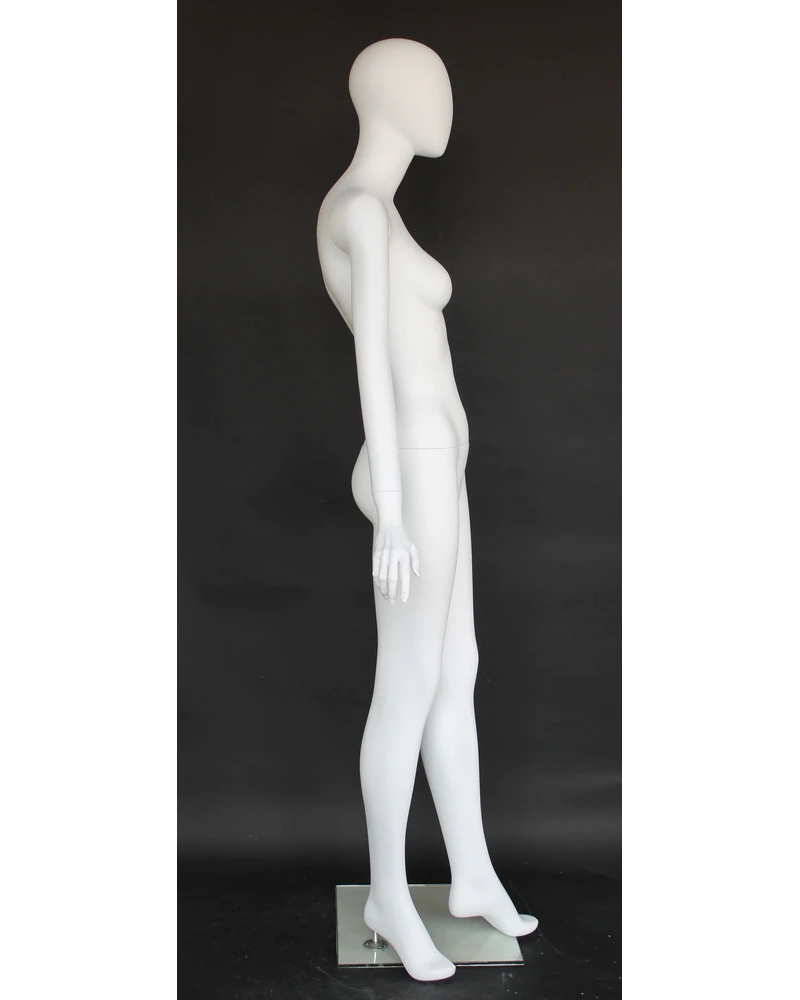 Forward-stride egghead female mannequin in matte white