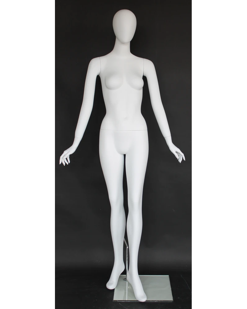 Forward-stride egghead female mannequin in matte white