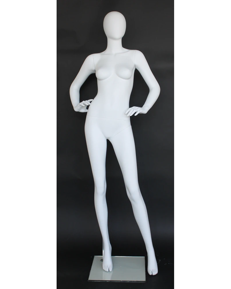 Wide-stance hands-on-hips egghead female mannequin in matte white