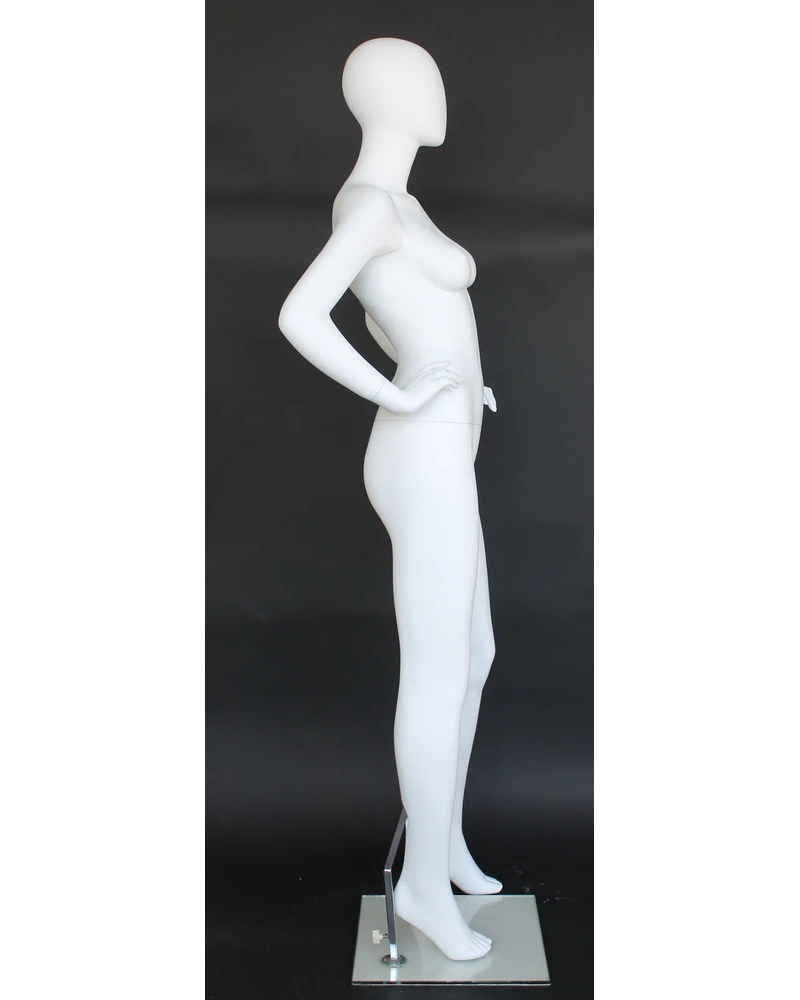 Wide-stance hands-on-hips egghead female mannequin in matte white