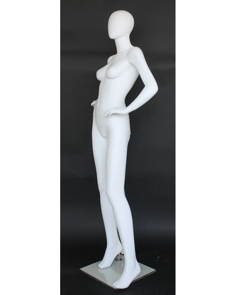 Wide-stance hands-on-hips egghead female mannequin in matte white