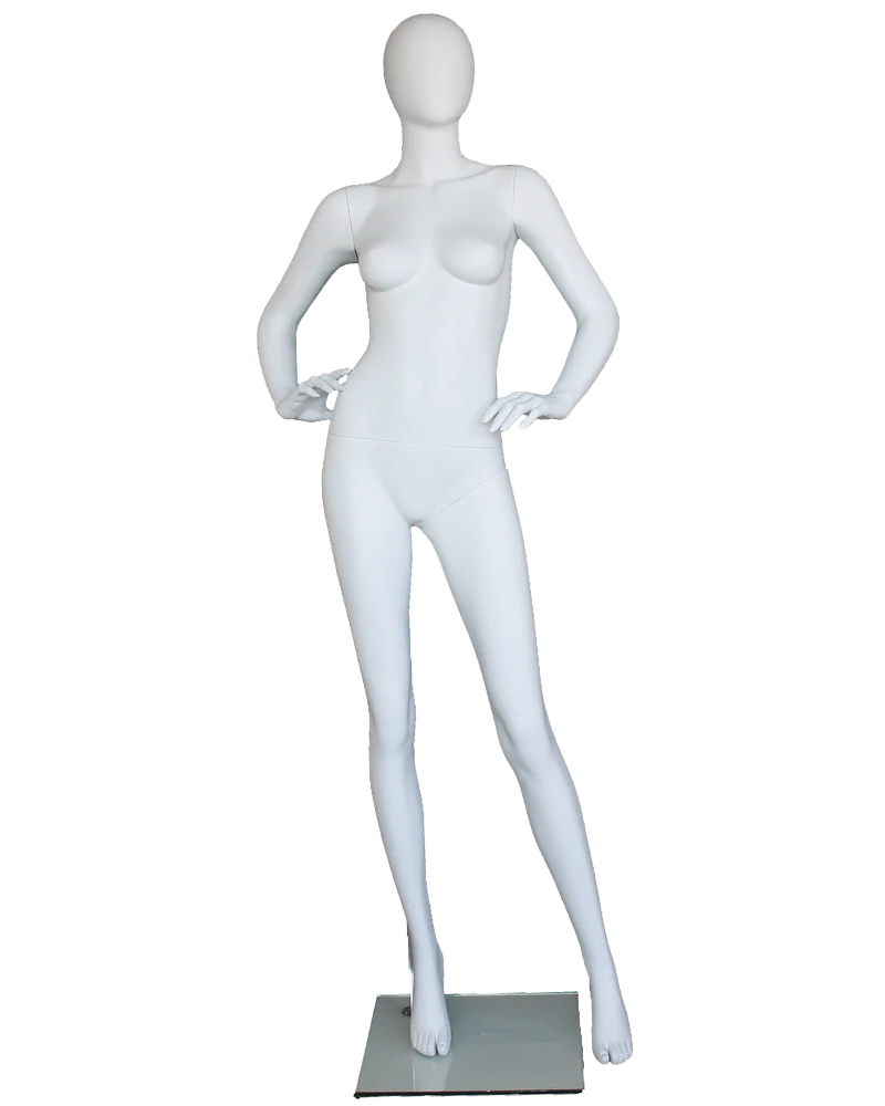 Wide-stance hands-on-hips egghead female mannequin in matte white, front view