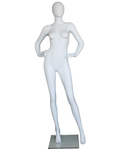 Wide-stance hands-on-hips egghead female mannequin in matte white, front view