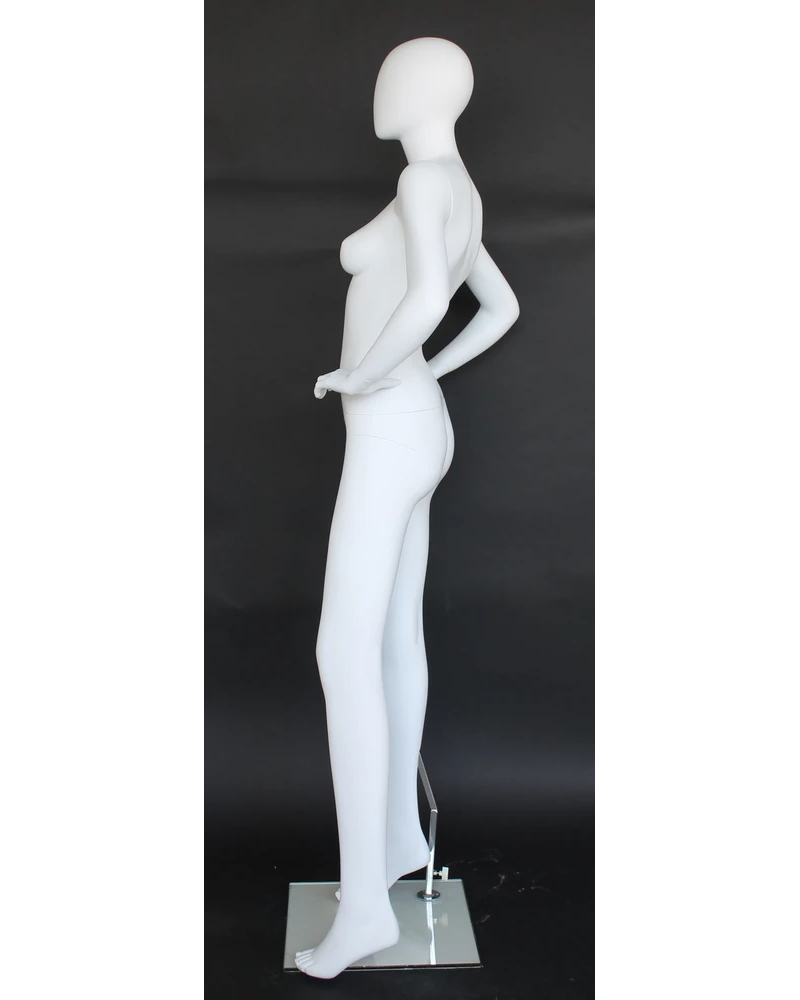 Wide-stance hands-on-hips egghead female mannequin in matte white