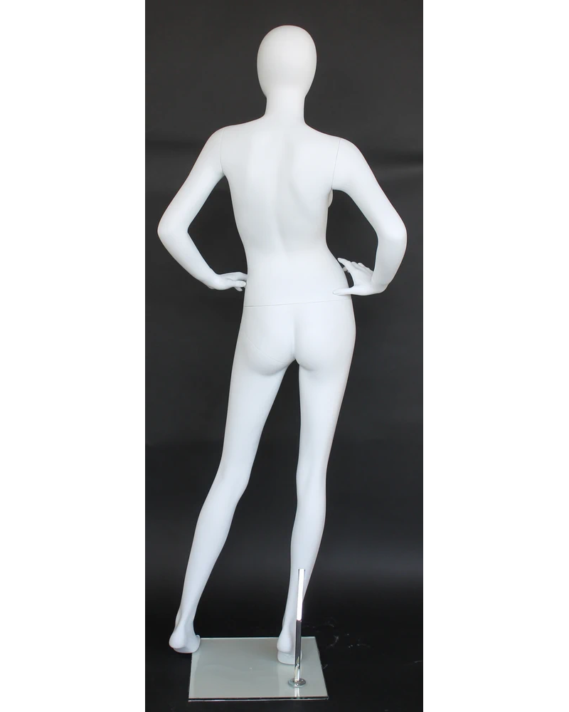 Wide-stance hands-on-hips egghead female mannequin in matte white
