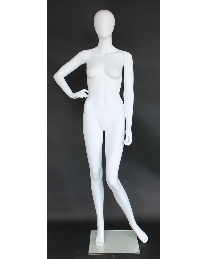 Hand-on-hip egghead female mannequin in matte white