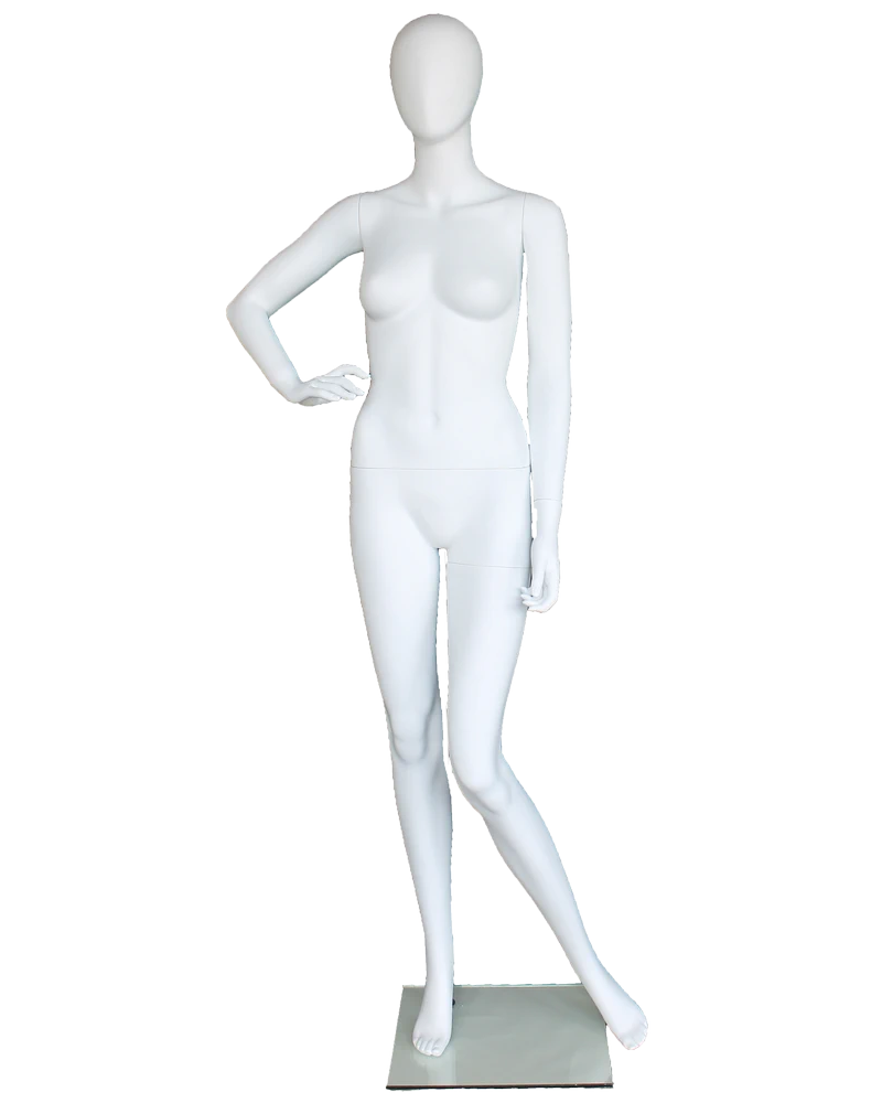 Hand-on-hip egghead female mannequin in matte white, front view
