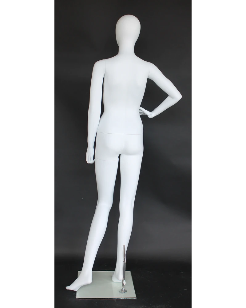 Hand-on-hip egghead female mannequin in matte white