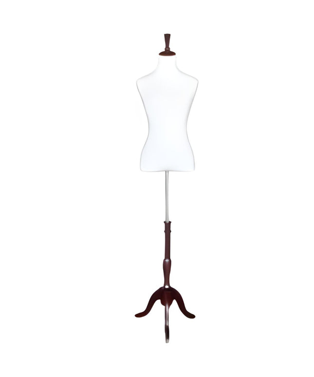 White Dress Form with Mahogany Tripod Base TMK-B2MFR