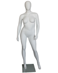 Casual asymmetric plus size egghead female mannequin in matte white, front view