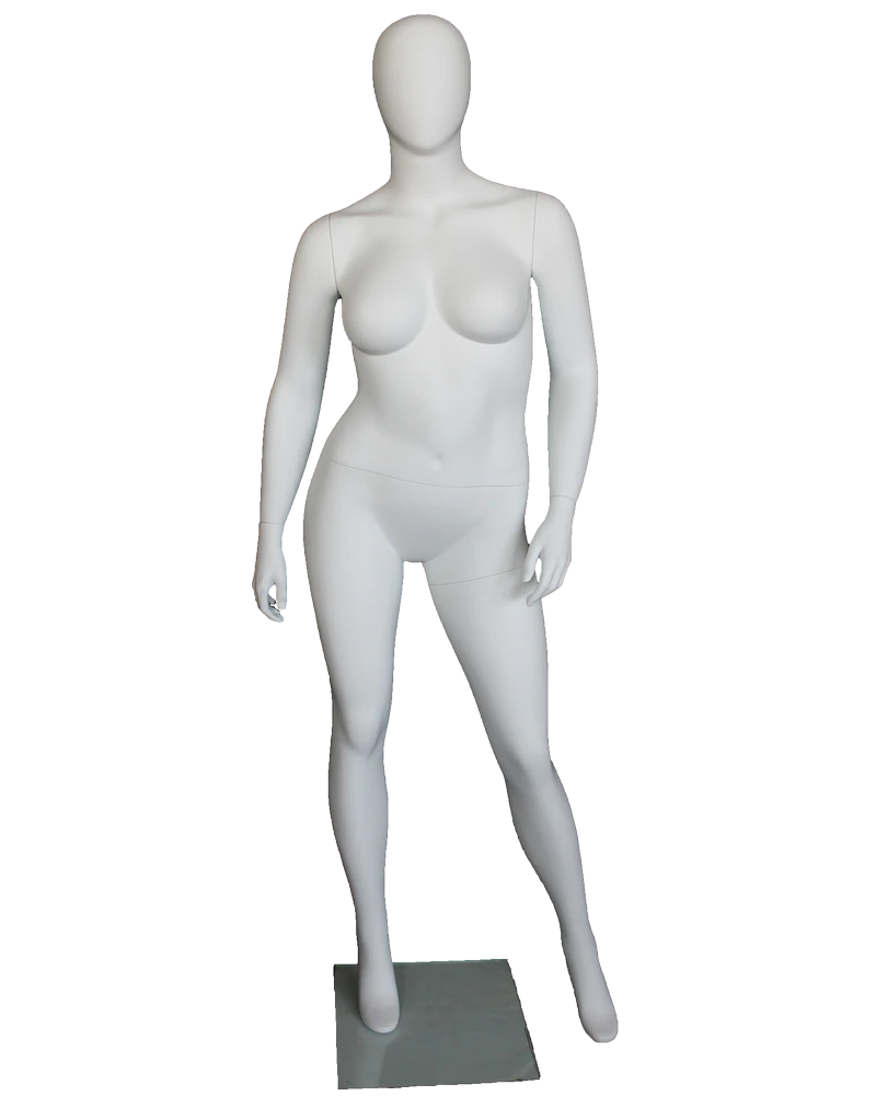 Casual asymmetric plus size egghead female mannequin in matte white, front view