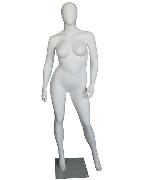 Casual asymmetric plus size egghead female mannequin in matte white, front view